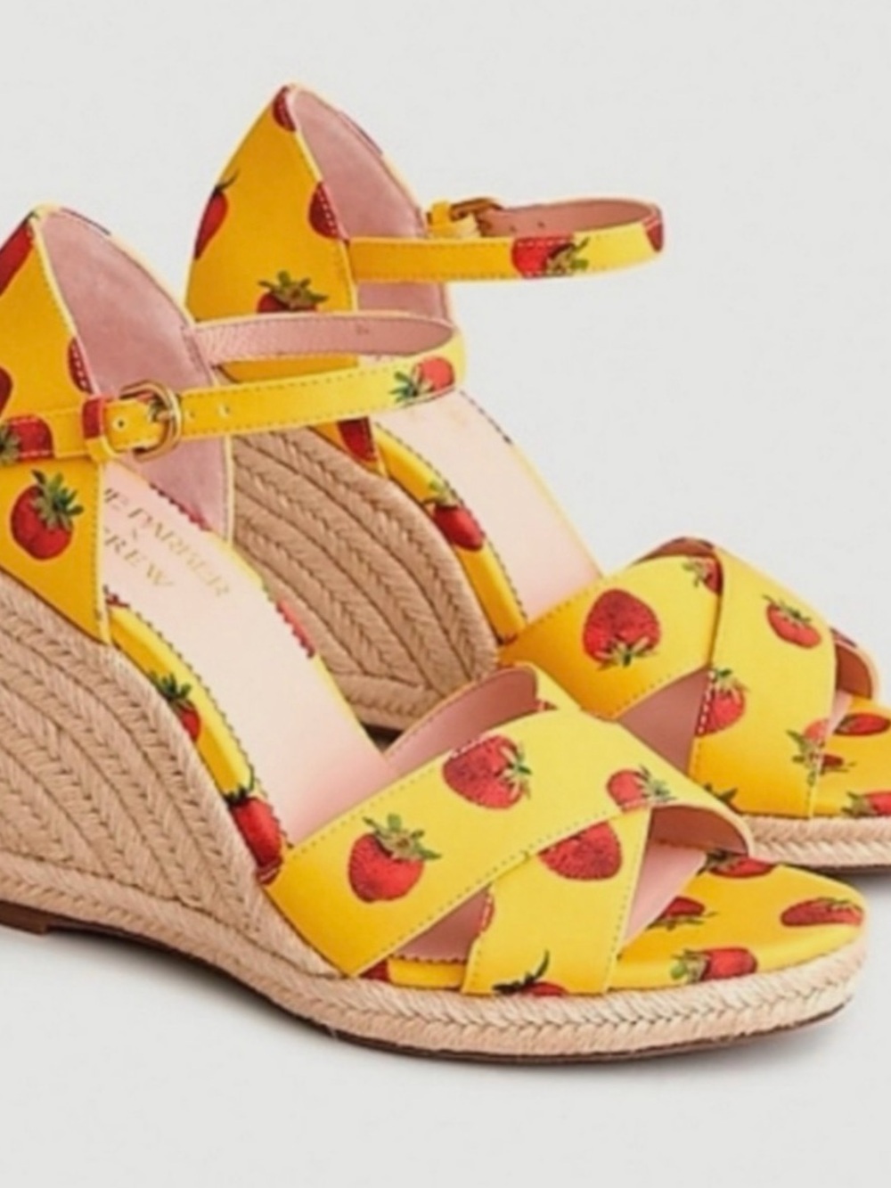 J. Crew Yellow Strawberry Print Wedge women’s Sandals Ankle Strap size 7
